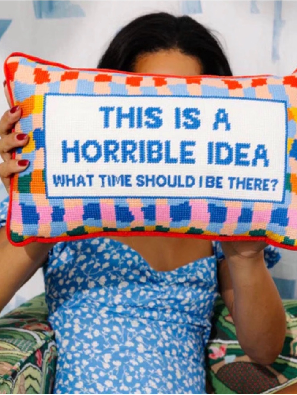 Furbish Studio Horrible Idea Needlepoint Pillow 9x15 NEW Velvet Back